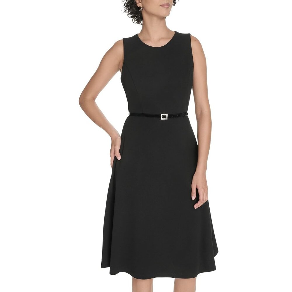 Tommy Hilfiger Women's Sleeveless Scuba Crepe Fit and Flare Midi Dress